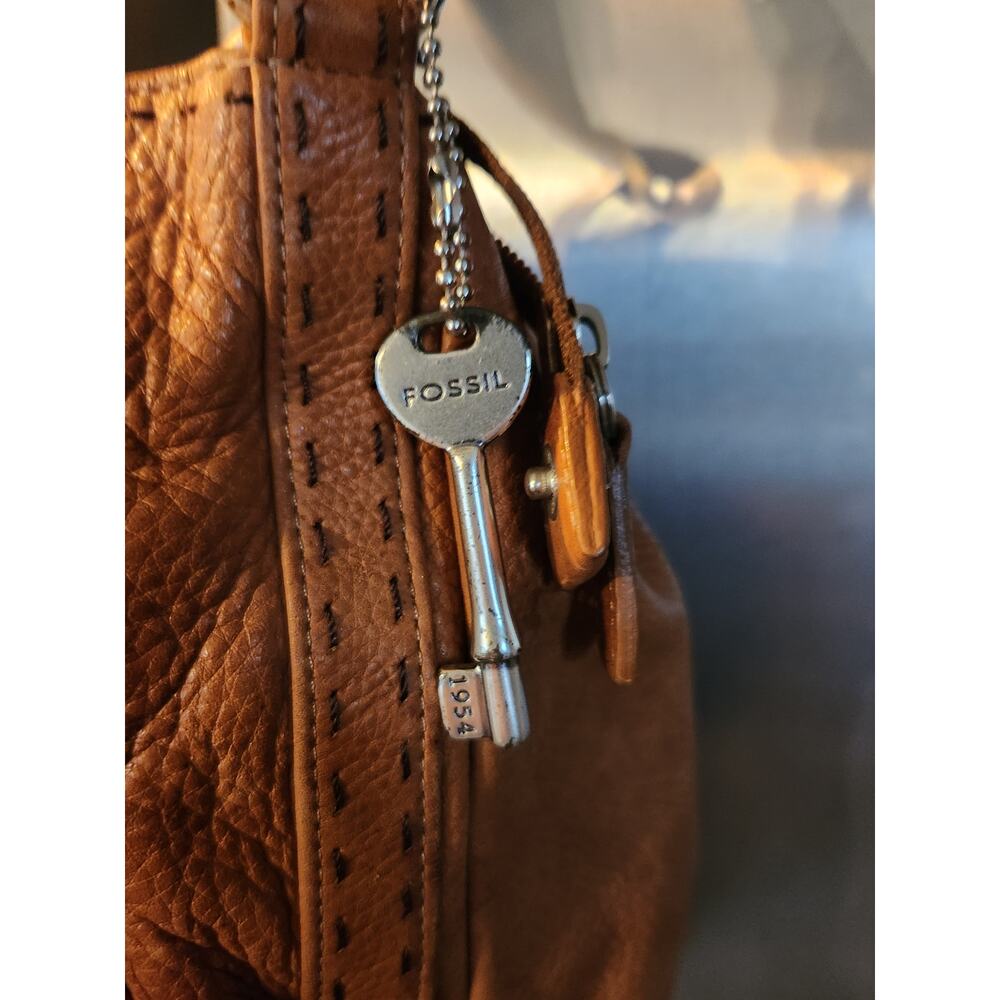 Fossil Cognac Brown Pebbled Leather Handbag Shoulder Bag - Picture 3 of 6